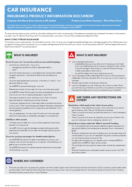 Lexus Motor Insurance Product Information&nbsp;Document